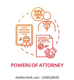 Powers Of Attorney Red Concept Icon. Grantor And Agent. Legal Representative. Seal Business Deal With Third Party. Notary Service Idea Thin Line Illustration. Vector Isolated Outline RGB Color Drawing