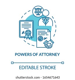 Powers of attorney turquoise concept icon. Legal representative. Jurisdiction. Notary service idea thin line illustration. Vector isolated outline RGB color drawing. Editable stroke