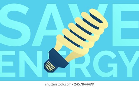 Lámpara Powersave. Guardar Texto Colores degradados: azul, amarillo. Equipo de iluminación. Lámpara eléctrica fluorescente. Ecología, protección ambiental. Diseño plano. Imagen de color. Ilustración vectorial