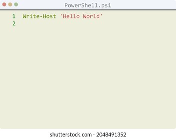 PowerShell language Hello World program sample in editor window