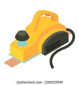 Powertool icon isometric vector. Yellow power planer and perforated plank icon. Electric planer, construction and repair work