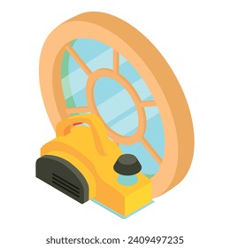 Powertool icon isometric vector. Yellow power electro planer and round window. Electric planer, repair work