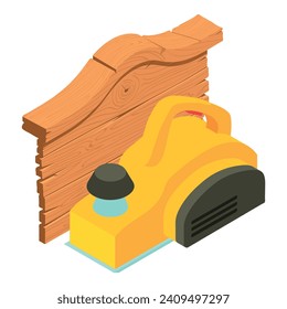 Powertool icon isometric vector. Yellow power electro planer and wooden board. Electric planer, construction and repair work