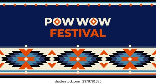 Pow-wow festival vector banner. Powwow concept, text on blue background. Web banner, poster, card for social media with powwow greeting.