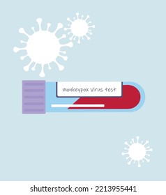 Pox virus concept. Vector clipart illustration. Monkeypox virus infection bacteria structure. test tube with blood sample for monkeypox test.
