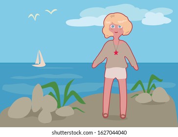 Pozitive fun vector cartoon doodle blond girl stand on the grey rock on the sea background illustration.
