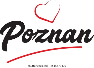 Poznan city text design with red heart typographic icon design suitable for touristic promotion