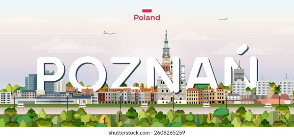 Poznan cityscape colorful vector illustration with big city name on the background. Travel trendy poster