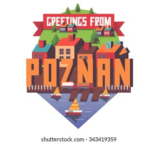 Poznan in Poland is Beautiful city to visit on holiday, vector cartoon illustration