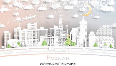 Poznan Poland. Winter city skyline in paper cut style with snowflakes, moon and neon garland. Christmas and new year concept. Santa Claus on sleigh. Poznan cityscape with landmarks.