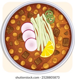 Pozole Bowl Garnished with Radishes, Shredded Lettuce, Lemon and Jalapeno. Mexican Cuisine Top View Illustration 