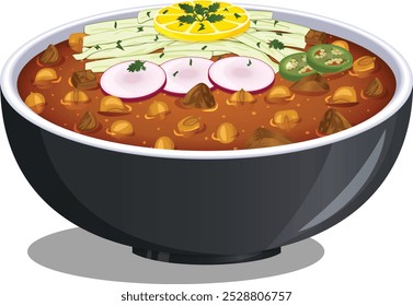 Pozole Bowl Garnished with Shredded Lettuce, Radishes, Lemon, Jalapeno and Parsley. Mexican Soup Bowl Side View Vector Art 