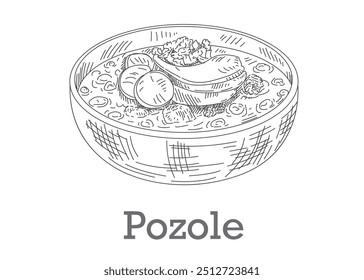 Pozole on plate, hand drawn sketch style. Traditional mexican food.