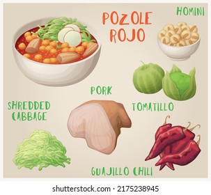 Pozole rojo food vector icons set, spicy soup with ingredients meal collection cartoon illustration, pork, tomatillo, shredded cabbage, homini corn, red guajillo chili, traditional mexican cuisine