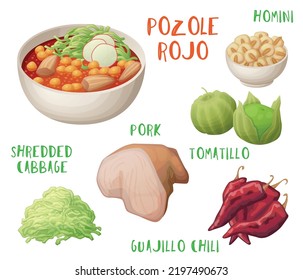 pozole rojo-Food-Vektorsymbole einzeln auf weißem Hintergrund, scharfe Suppe mit Inhaltsstoffen Mehlkollektion Cartoon-Illustration, Schweinefleisch, Tomatillo, zerkleinerte Kohl, Homini-Mais, rote Guajillo-Chilis,