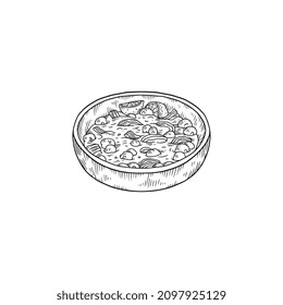 Pozole soup bowl, traditional mexican cuisine - sketch vector illustration isolated on white background. Hand drawn dish of chili con carne for cafe or restaurant menu design.