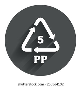 PP 5 icon. Polypropylene thermoplastic polymer sign. Recycling symbol. Circle flat button with shadow. Modern UI website navigation. Vector