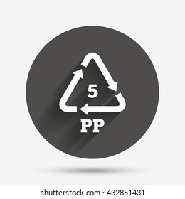 PP 5 icon. Polypropylene thermoplastic polymer sign. Recycling symbol. Circle flat button with shadow. Vector