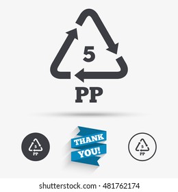 PP 5 icon. Polypropylene thermoplastic polymer sign. Recycling symbol. Flat icons. Buttons with icons. Thank you ribbon. Vector