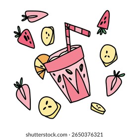 pp breakfast with strawberry milkshake with oatmeal among slices of banana and strawberries
