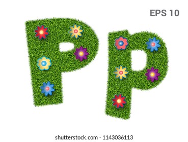 Pp - capital and capital letters of the alphabet with a texture of grass. Moorish lawn with flowers. Isolated on white background. Vector illustration