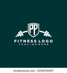 PP initial monogram for fitnes or gym logo with creative shield and barbell design
