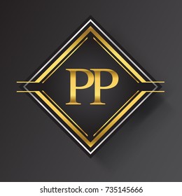PP Letter logo in a square shape gold and silver colored geometric ornaments. Vector design template elements for your business or company identity.