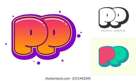 PP logo design for festival or party. Initial letter p and p in graffiti style. Creative modern lettering company name of font typography. Kids trendy logotype or identity. Vector illustration.