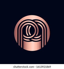 PP monogram logo.Geometric style typographic icon.Line lettering sign.Metallic pink alphabet initials isolated on dark background.Abstract overlapping letter p.Round emblem design characters shape.