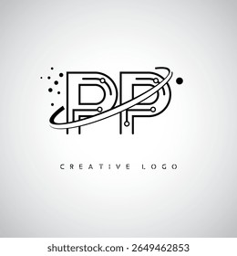 Logotipo de Monograma de Órbita PP - Marca de Letra Mínima Futurista com Linha de Arte Circular, Pontos Inspirados na Tecnologia e Conceito de Movimento Espacial para Identidade de Marca Moderna