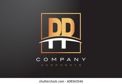PP P Golden Letter Logo Design with Swoosh and Rectangle Square Box Vector Design.