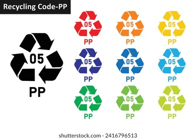 PP plastic recycling code icon set. Mobius Strip Plastic recycling symbol 05 PP. Plastic recycling code 05 icon collection in ten colors. Set of plastic recycling code symbol icon 05 PP.