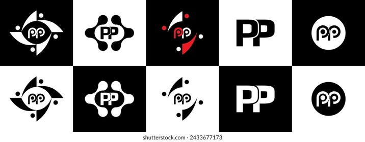 PP set logo. P P design. White letter. PP letter logo design. Initial P letter logo set, linked circle uppercase monogram logo.  P letter vector design.