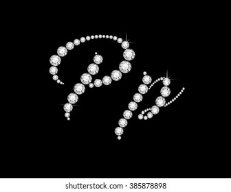 Pp in stunning Diamond Script precious round jewels, isolated on black. Vector EPS-10 file, transparency used. 