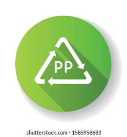 PP symbol green flat design long shadow glyph icon. Thermoplastic polymer marking. Resin identification code. Arrow triangle marking. Organic chemistry. Vector silhouette illustration
