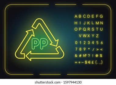 PP symbol neon light icon. Thermoplastic polymer marking. Resin identification code. Arrow triangle. Organic chemistry. Glowing sign with alphabet, numbers and symbols. Vector isolated illustration