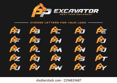 PP A TO Z logo excavator for construction company. Heavy equipment template vector illustration for your brand.