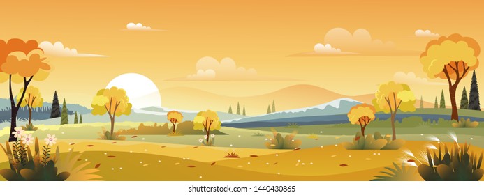 PPanorama landscapes of countryside in autumn,Mid autumn with farm field, mountains, wild grass and leaves falling from trees with blue sky and yellow foliage.Fall season with copy space for banner