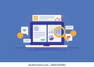 PPC ad analytics, Search engine marketing report. Analysis of paid advertising campaign on search engine, Ad campaign driving traffic to the website - vector illustration with icons