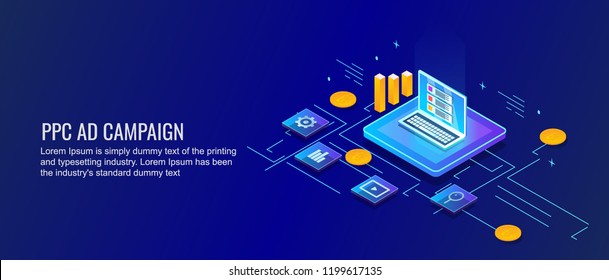 PPC ad campaign, Pay per click strategy for web advertising 3D style isometric banner