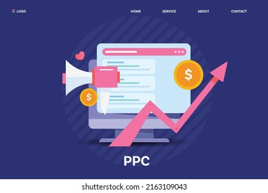 PPC Ad Management, Search Marketing, Advertising Campaign, Website Ads On Search Engine - Flat Design Landing Page Template 