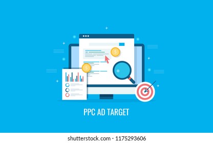 PPC ad target, target marketing, PPC marketing strategy flat design vector illustration with icons