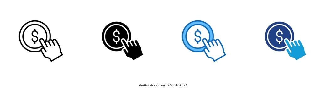 PPC Ads Multiple Style Icon Design Vector - hand clicks on a coin symbol, representing pay-per-click advertising for digital marketing campaigns