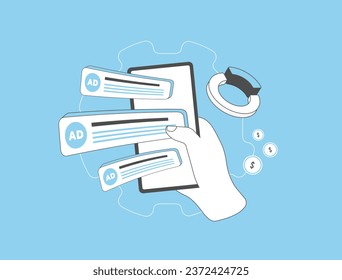 PPC advertising or banner online targeted contextual ad concept. Contextual Digital Marketing, Retargeting and Behavioral PPC Targeting. Vector isolated illustration on blue background with icons