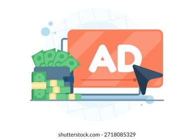 Conceito de anúncio PPC com cursor clicando em anúncio de banner. Ilustração vetorial para marketing com pagamento por clique, campanhas pagas, investimento empresarial e promoção da marca.