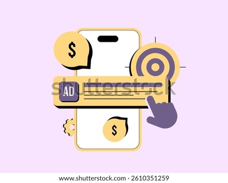 PPC advertising concept with smartphone, click-through ad, money symbol and target. Ideal for marketing visuals and digital campaigns. Ppc ads marketing vector illustration and icons