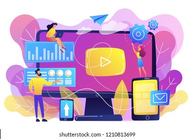 PPC advertising managers work with websites. PPC campaign, pay-per-click model, internet marketing tools, search engine advertising concept. Bright vibrant violet vector isolated illustration