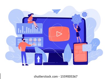 PPC advertising managers work with websites. PPC campaign, pay-per-click model, internet marketing tools, search engine advertising concept. Pinkish coral bluevector isolated illustration