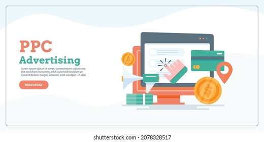 PPC advertising, Search engine marketing, Pay per click concept - flat design vector landing page with icons and texts