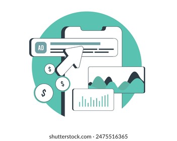 Análisis de PPC: métricas clave para controlar el éxito de la campaña publicitaria de pago por Hacer clic. Analítica de pc - pista y medición de la campaña de anuncios digitales. Ilustración vectorial con iconos sobre fondo blanco